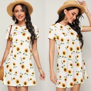 Boho sunflower print tee mini dress white spring